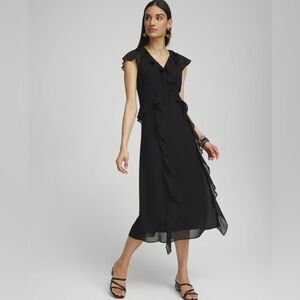 Chico’s Chiffon Faux Wrap Dress SZ 2.5 US 14 Cap Sleeves V Neck A Line Black